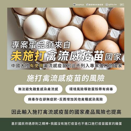 專案蛋品須來自未施打禽流感疫苗國家
